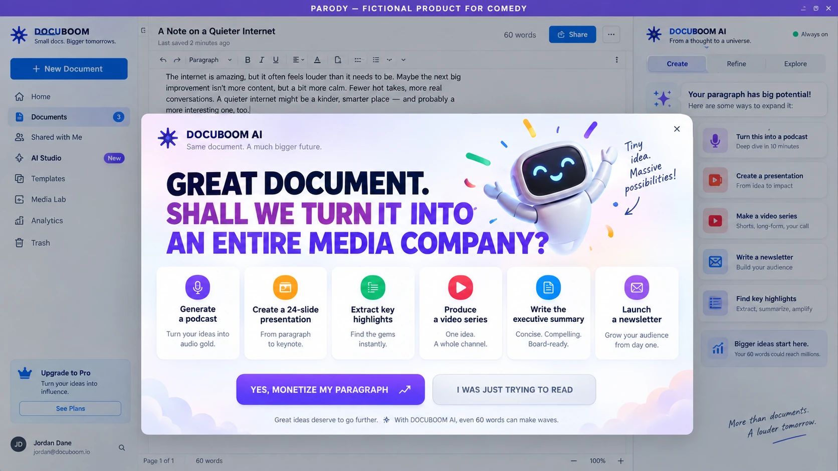 Fictional DOCUBOOM product interface offering to turn a 60-word document into a podcast, presentation and media company