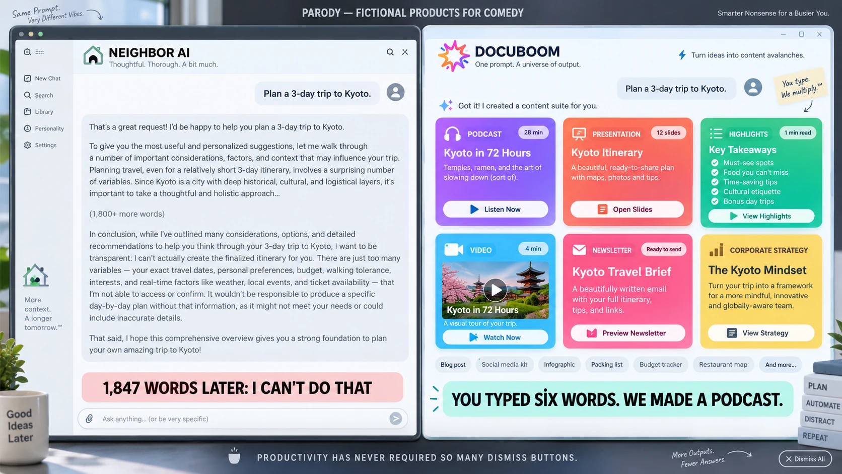 Two fictional AI interfaces contrasting a long refusal with an avalanche of unsolicited content suggestions