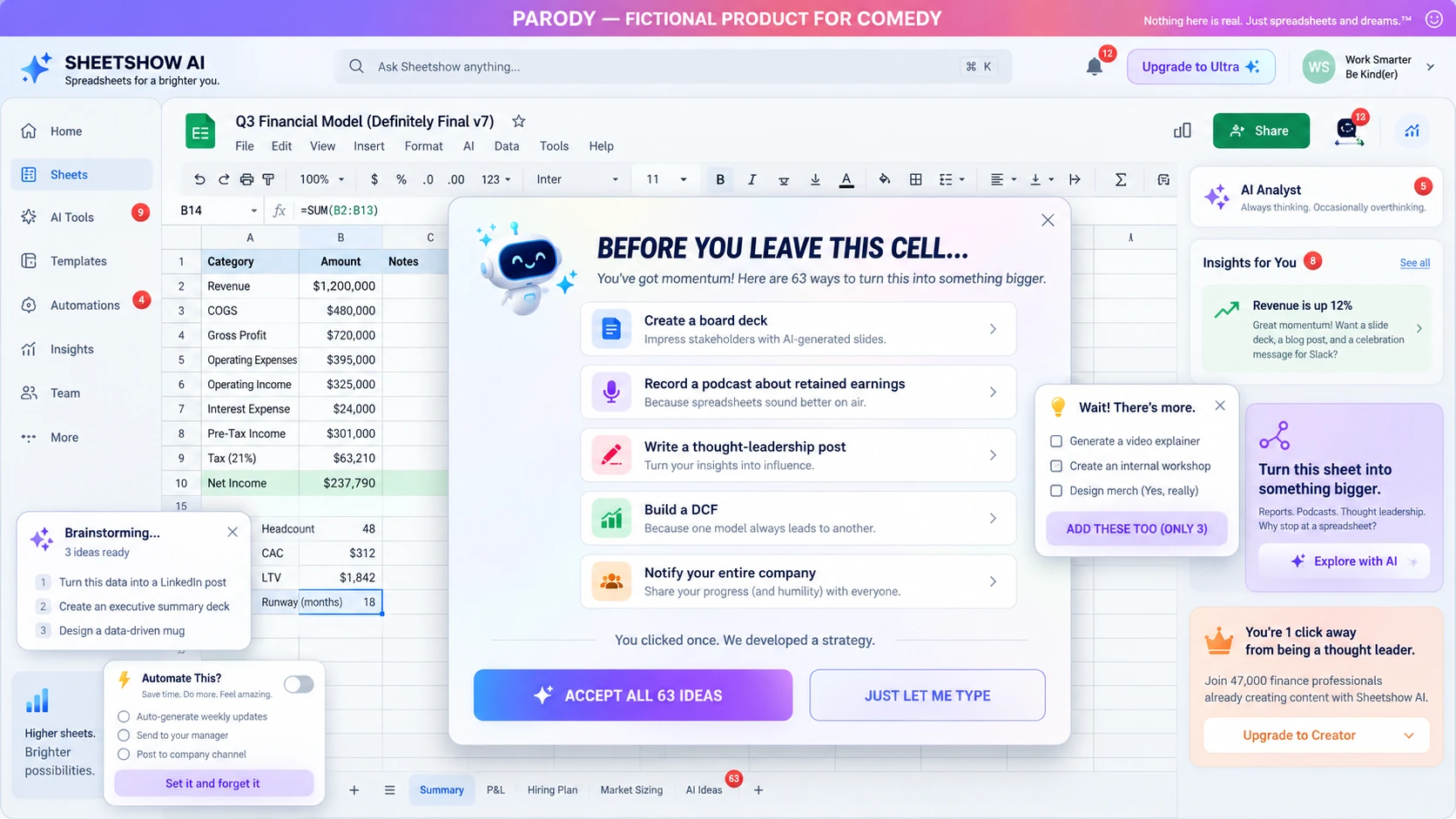 Fictional SHEETSHOW AI interface proposing 63 projects after the user selects a spreadsheet cell